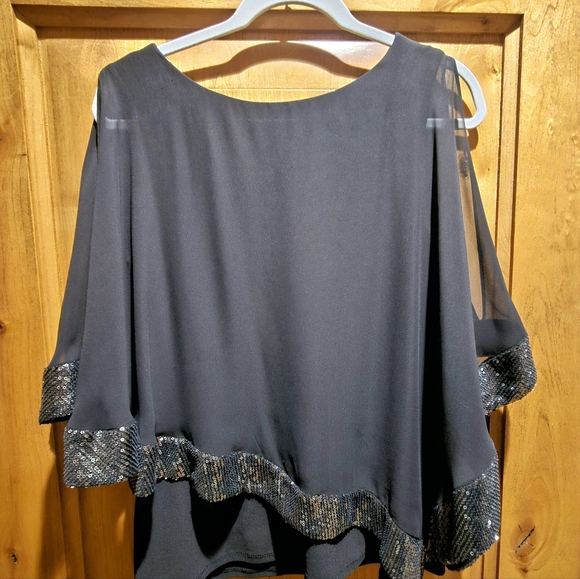 Sequin Womens Boat Neck Elbow Sleeve Blouse - Picture 3 of 5